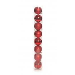 Tubo de Bolas de Árvore de Natal Lisa/Mate/Glitter Vermelha 7cm (8 un.)