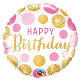 Balão Metalizado Círculo Pontos Rosa e Dourado Happy Birthday 9" (25cm)
