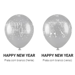 Balão de Látex 11" Happy New Year Prata e Branco (25 un.)