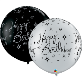 Balão de Látex Preto/Prata Happy Birthday 76cm (1 un.)